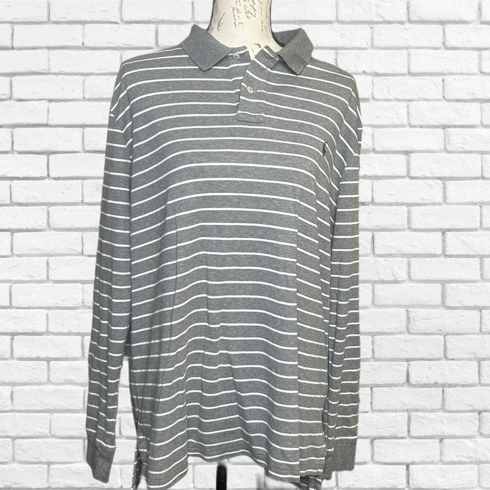 Polo Ralph Lauren Mens XXL Grey White Striped Long Sleeve Polo Shirt 100% Cotton
